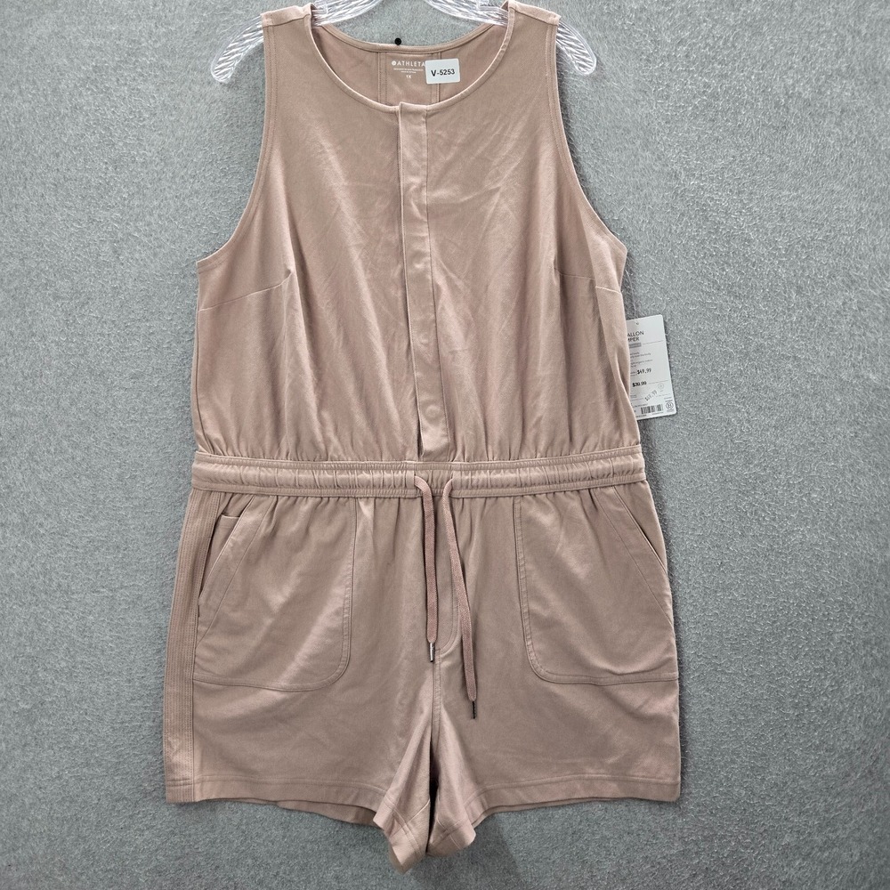 Athleta Women Romper 1x Beige Organic Cotton Farallon Sleeveless Waist Tie NWT